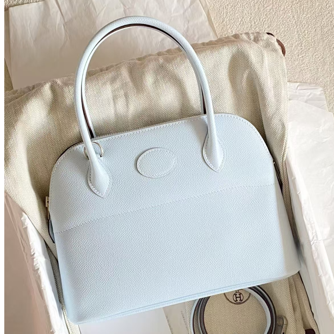 未使用 Hermes/爱马仕 保龄球25 雾霾蓝银扣E皮 Y刻