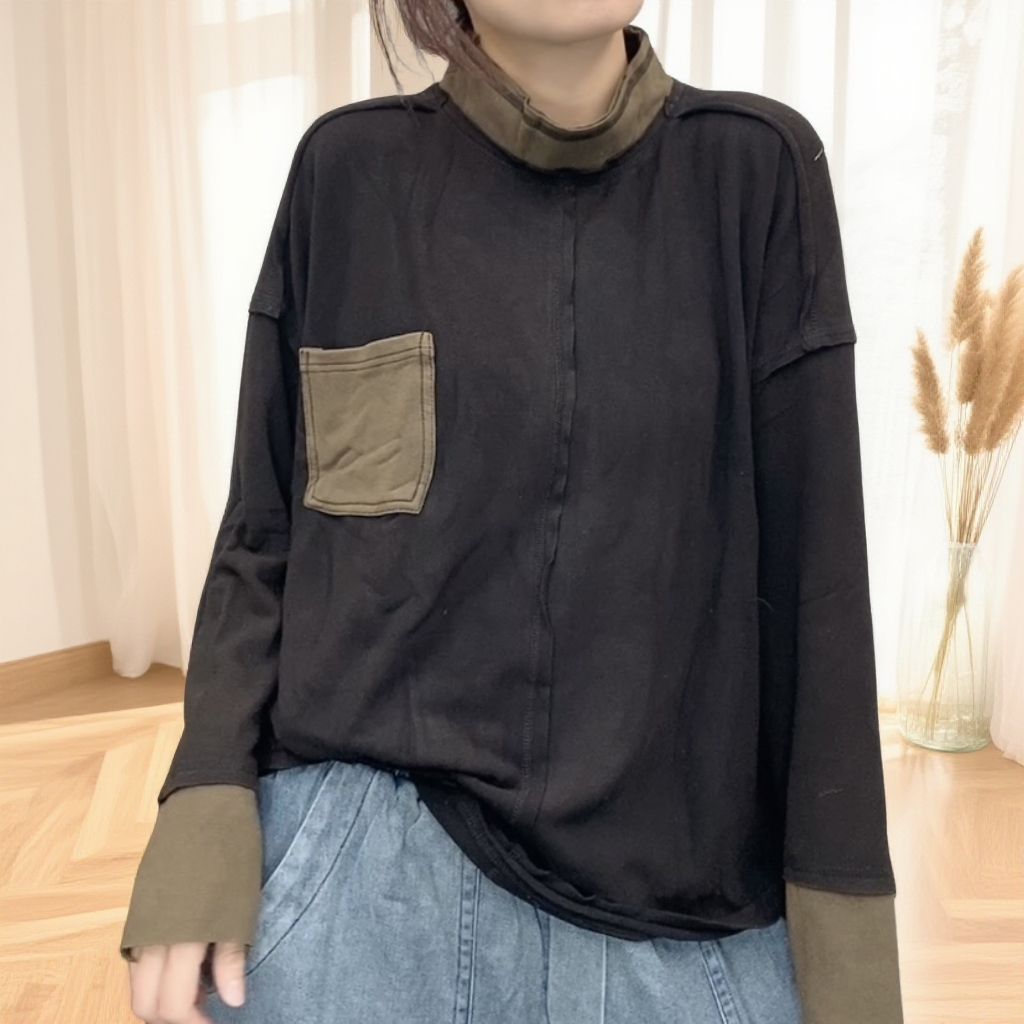  【云吖】韩版复古宽松高弹力拼接撞色时尚炒色针织棉打底上衣T