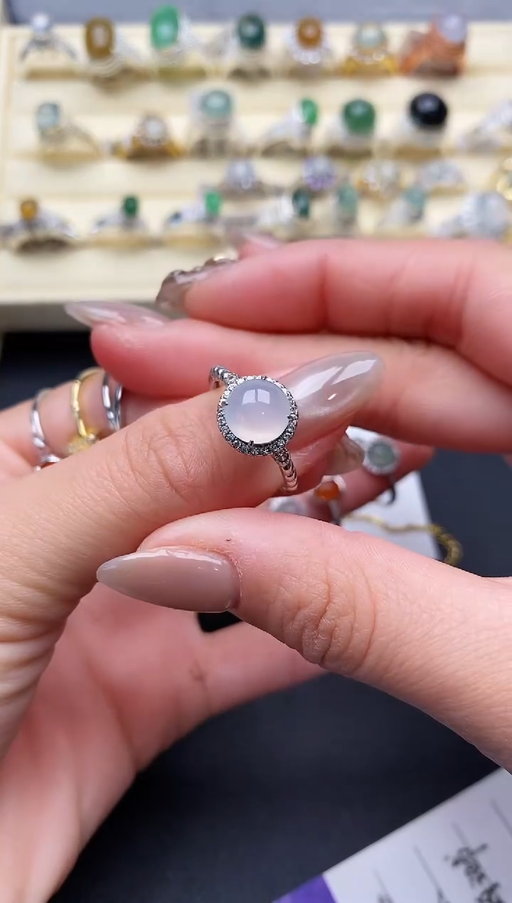 【闪购商品】翡翠戒指银S925镶嵌缅甸天然A货翡翠111   5-8