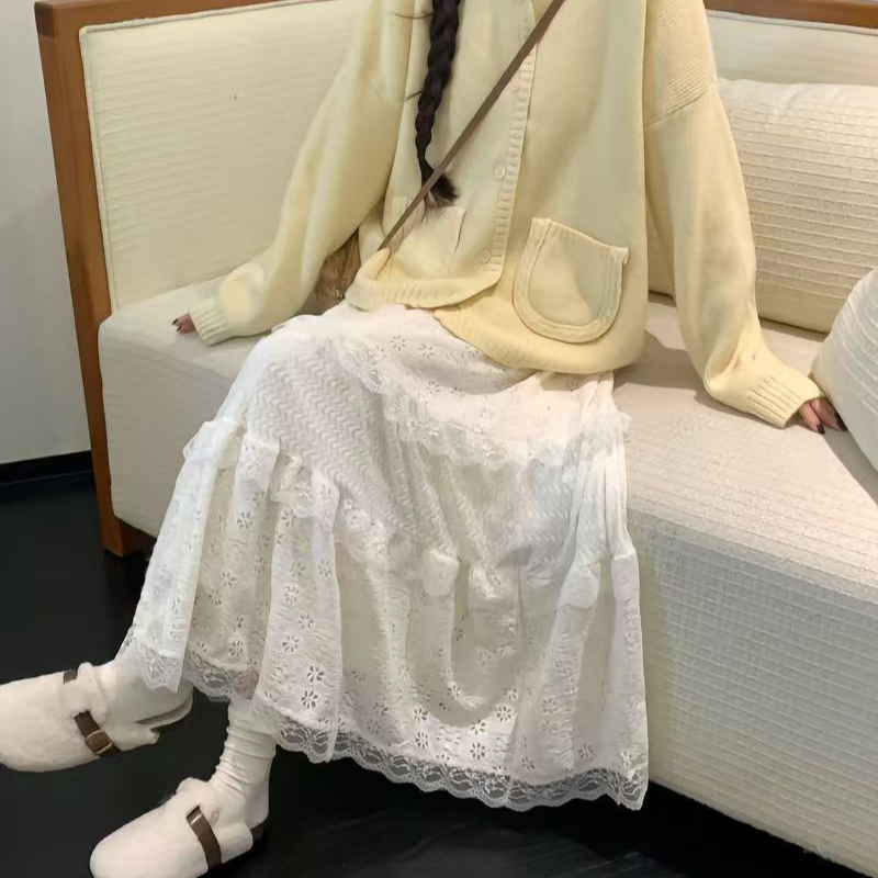 【秋季】新款温柔蕾丝蛋糕裙半身裙春修身显瘦半身裙长裙白色裙子