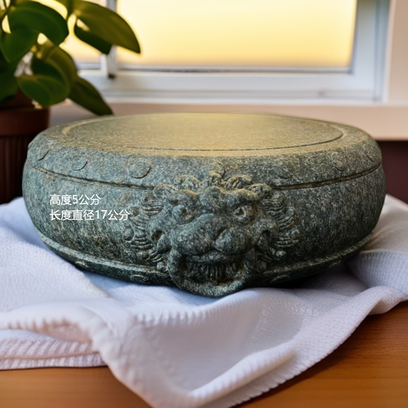 大号青砂石狮头石鼓多用途壶承杯垫底座造景摆件雕刻老物件复古