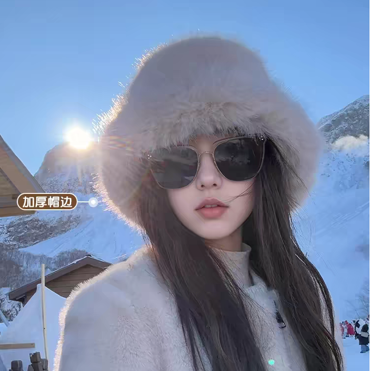 超厚毛绒渔夫帽子女款2025新款冬季防寒保暖大头围盆帽显脸小护耳