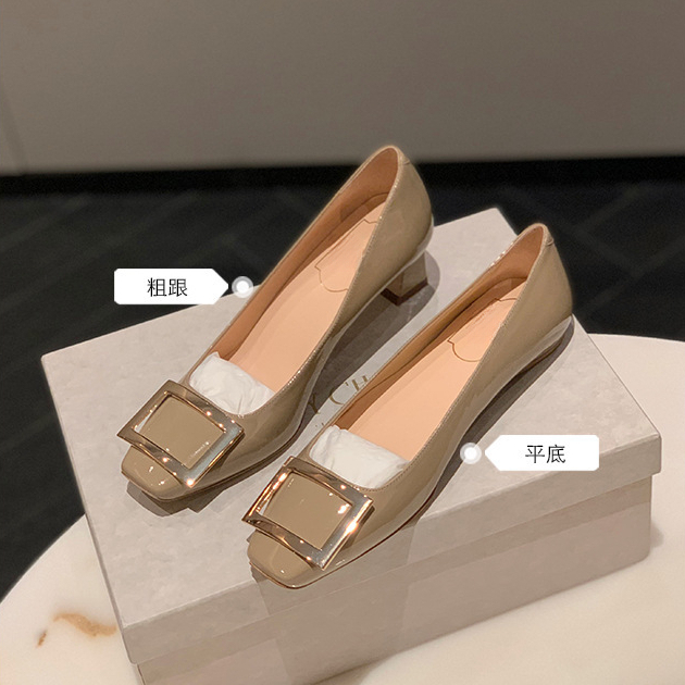 【葡萄妈同款】经典方扣漆皮小方头浅口高跟鞋女夏粗跟平底通勤单鞋
