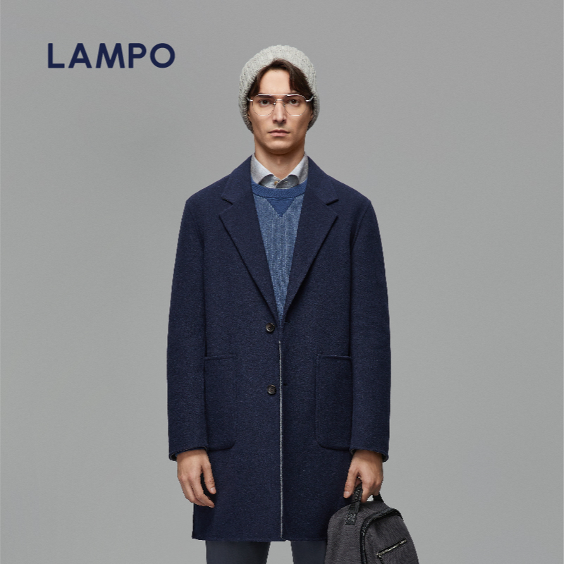 LAMPO/蓝豹秋冬男士素面深蓝色双面呢中长款大衣冬季羊绒外套保暖