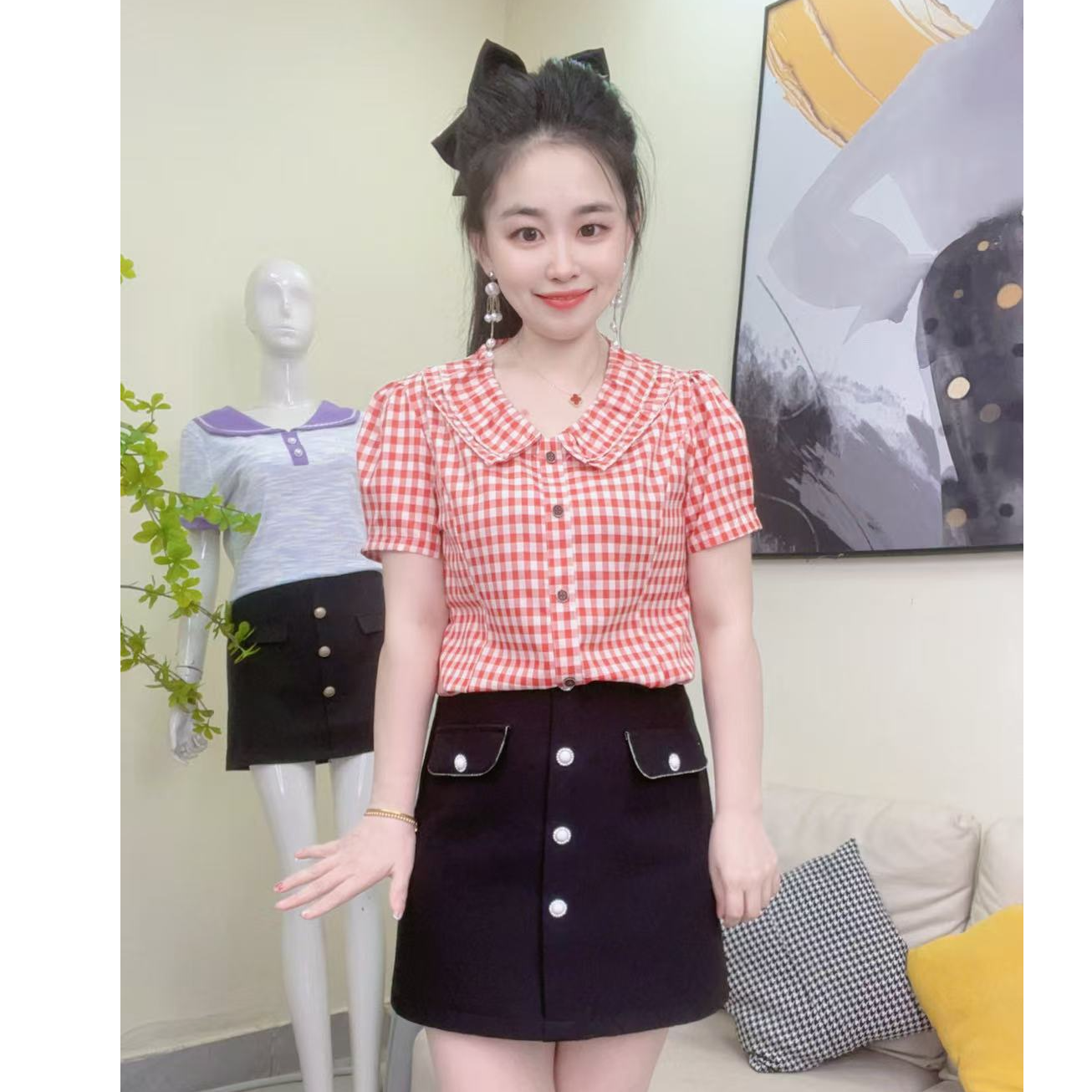 淑女日记  夏季新款时尚娃娃领格子短袖衬衫女甜美减龄洋气上衣58