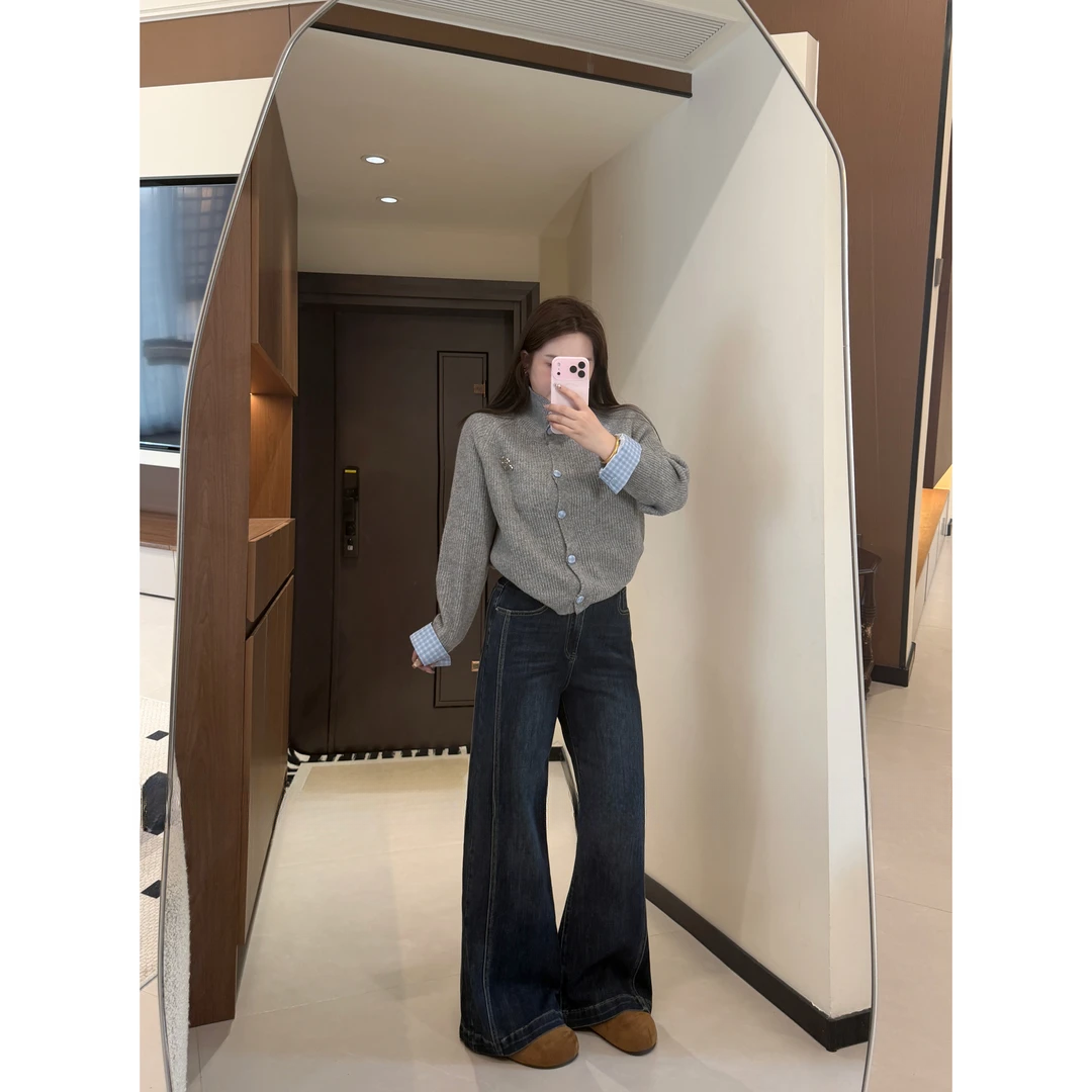 蓝色不贴腿牛仔裤女新款秋冬季复古显瘦高腰宽松直筒微喇裤