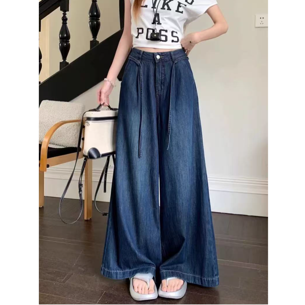 （现货+免费试穿）深蓝色抽绳辣妹牛仔裤女高腰宽松美式加长长裤子