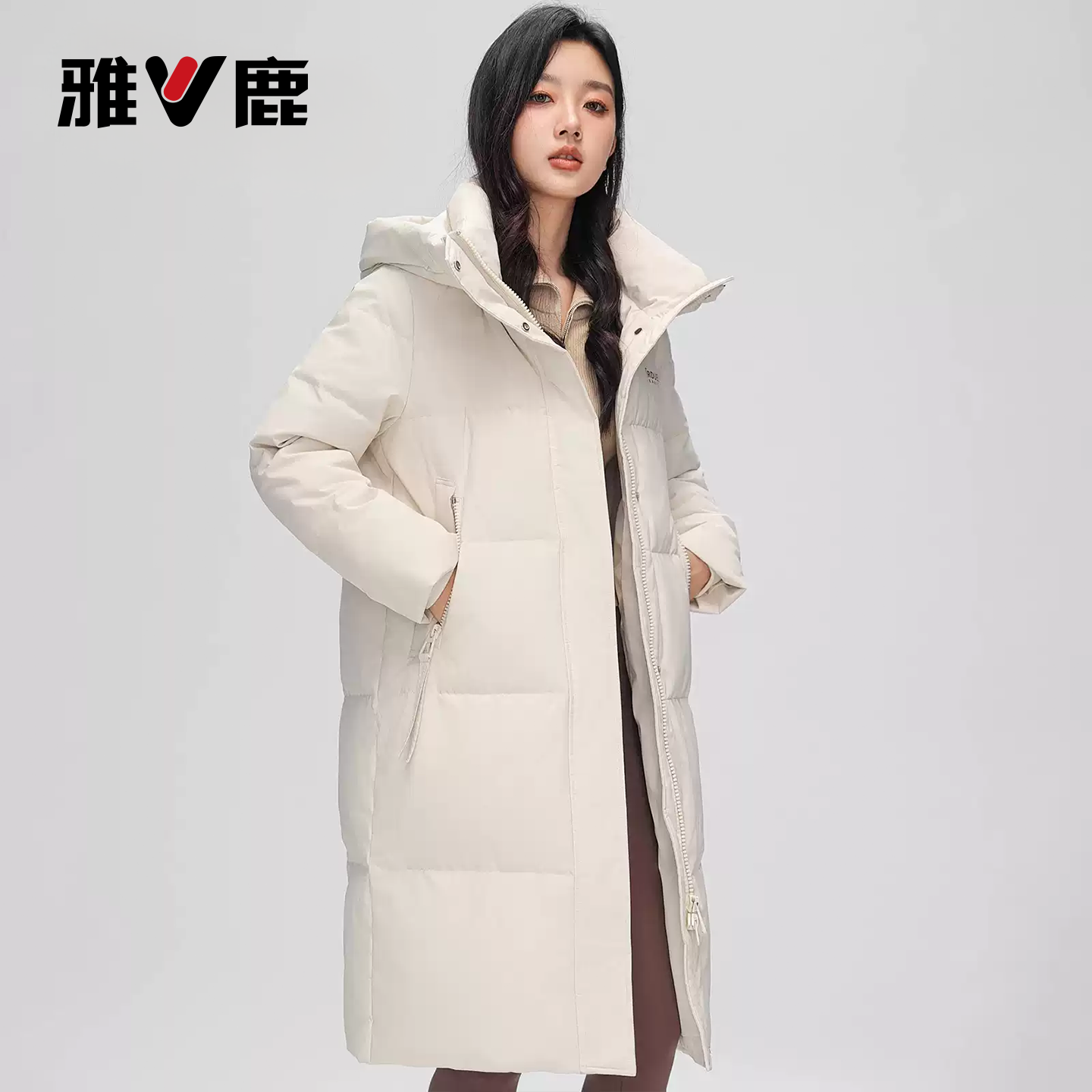 雅鹿秋冬新款百搭中长款加厚休闲时尚女装外套女士连帽羽绒服保暖