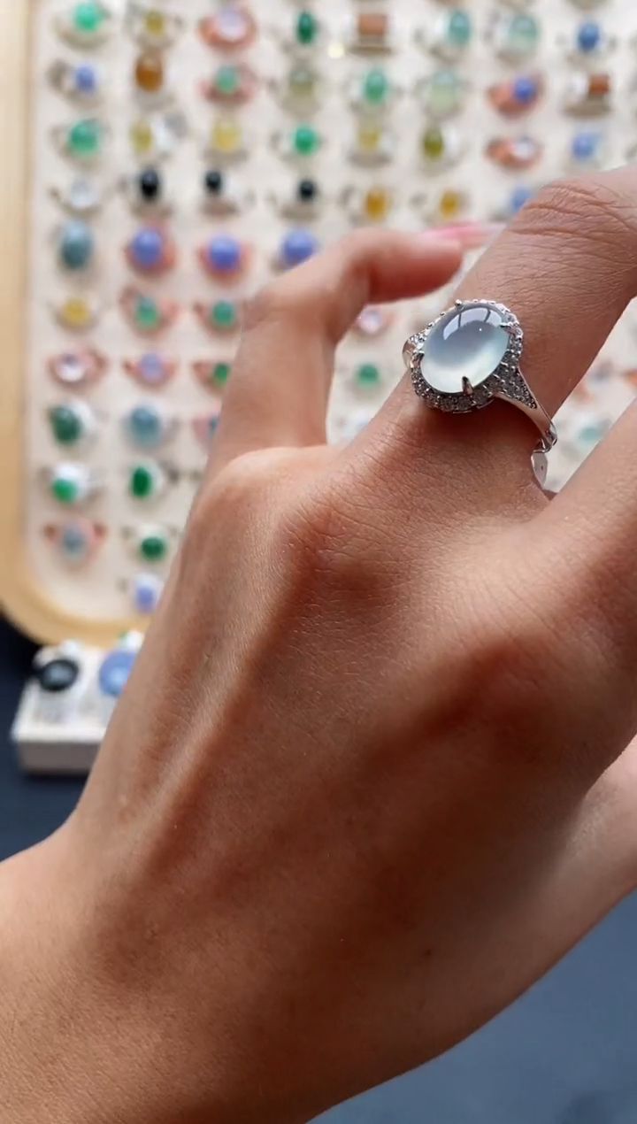 【闪购商品】翡翠戒指银S925镶嵌天然缅甸A货翡翠222 6+9