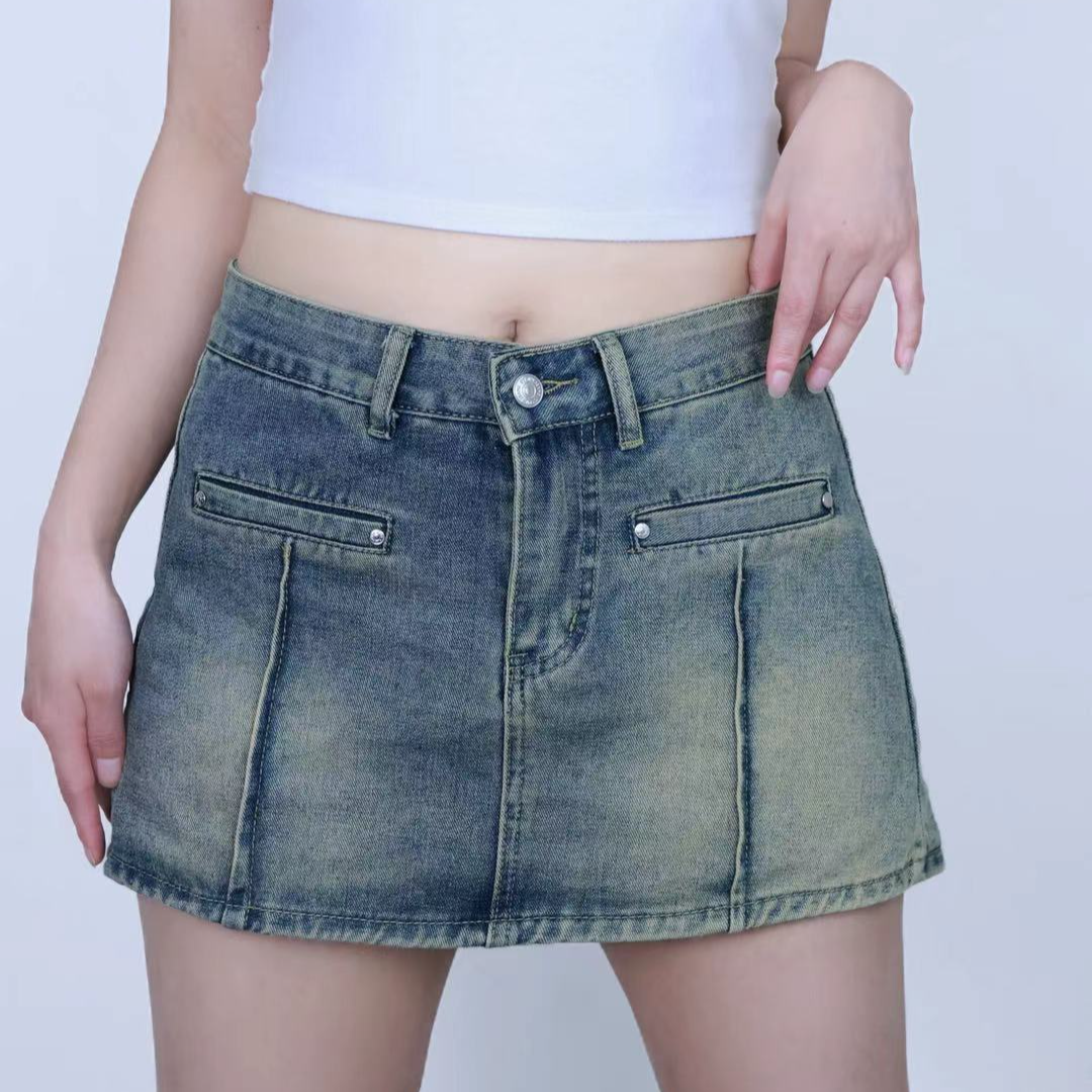 牛仔裙裤女夏季薄款遮肉显瘦美式辣妹复古做旧不走光短裤高腰