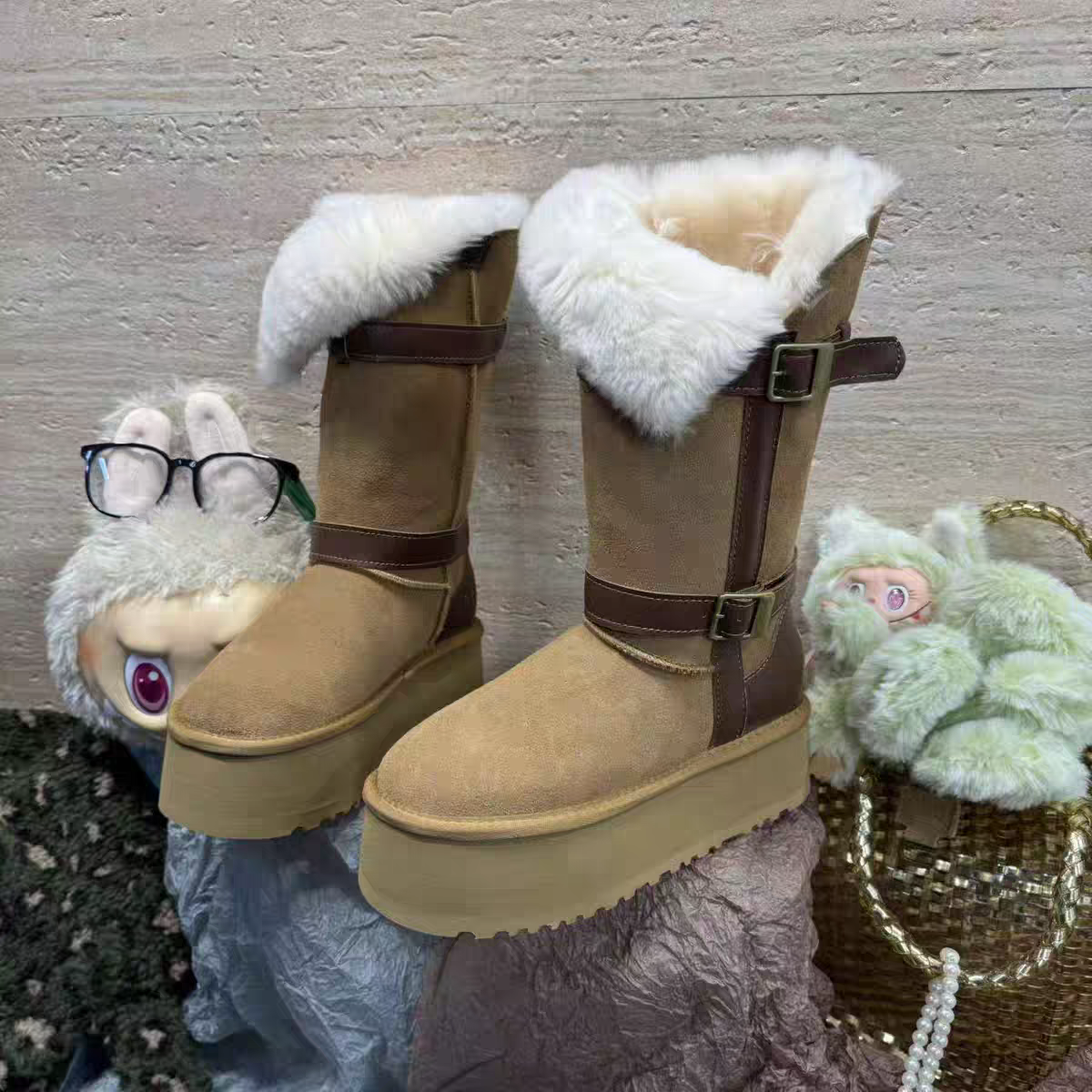 【十六号】高筒拼色皮带扣骑士靴厚底eva超轻羊毛保暖雪地靴2025-70