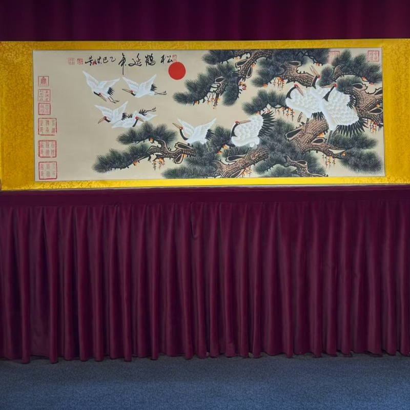 手绘国画王洪星-松鹤延年-精品卷轴，73CM乘以207CM配证书