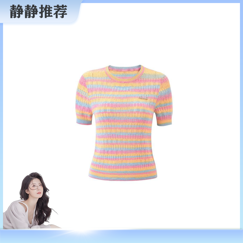 ICCLEK 彩虹圆领撞色套头短袖针织衫 百搭 时尚 -5363