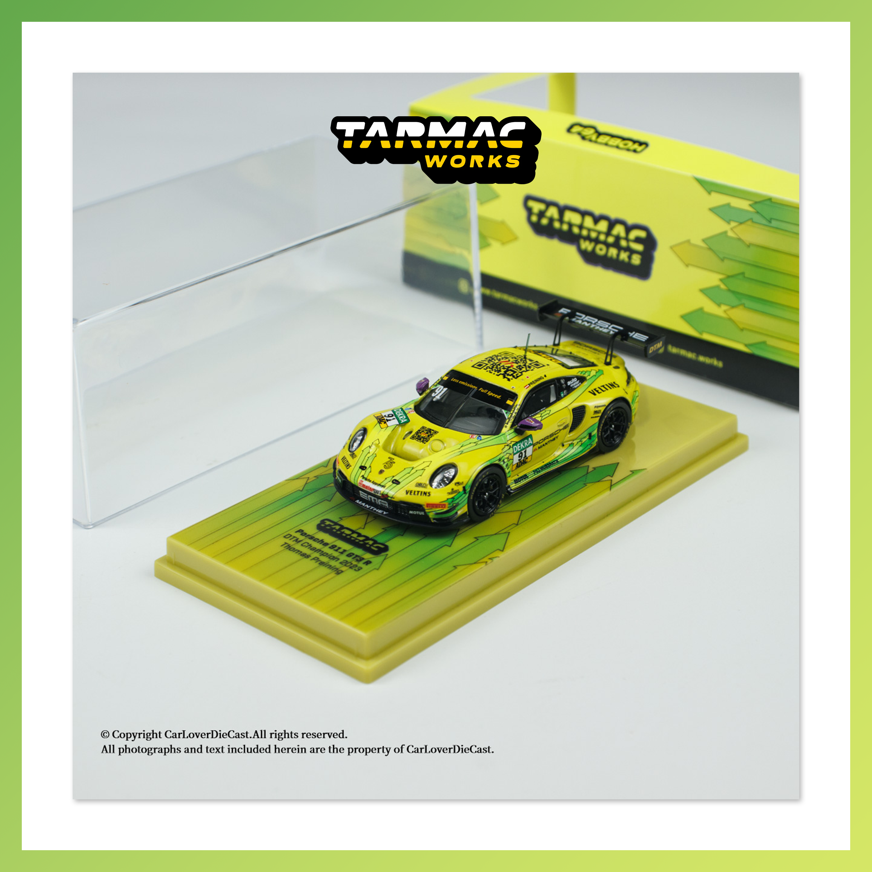 Tarmac 保时捷911 GT3 R DTM Champion 2023 柠檬黄 1:64合金车模