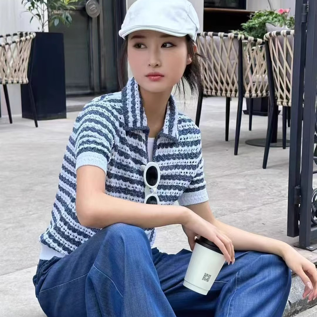 AMASS/阿玛施夏季新款时尚百搭气质条纹毛衣针织衫短袖女5399596