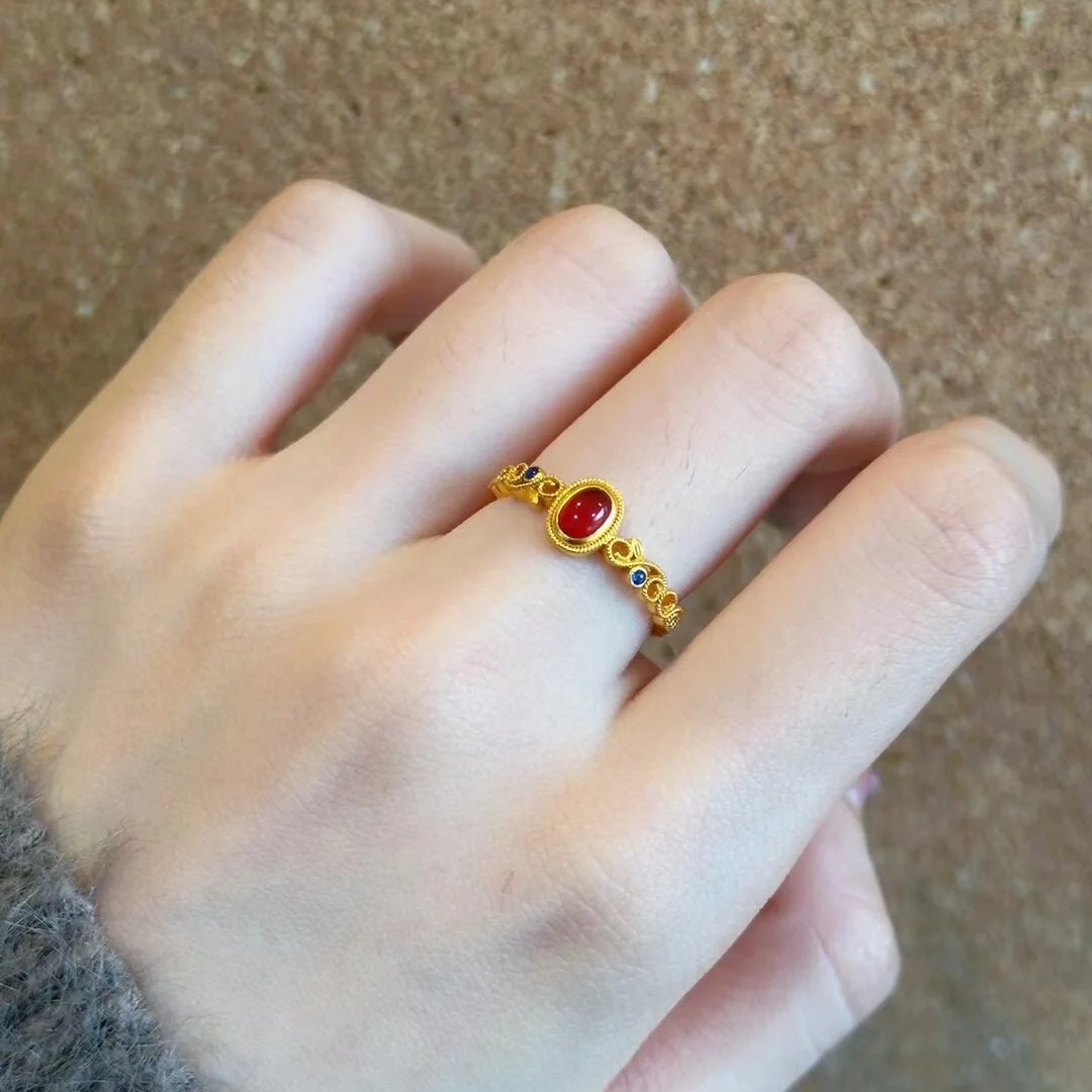 铜合金戒指 复古新中式金色花丝凤华戒指女精致时尚高级感食指戒