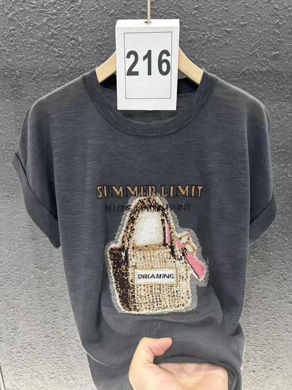 丽丽家~包包深灰短袖显瘦时尚夏季宽松印花圆领上衣475