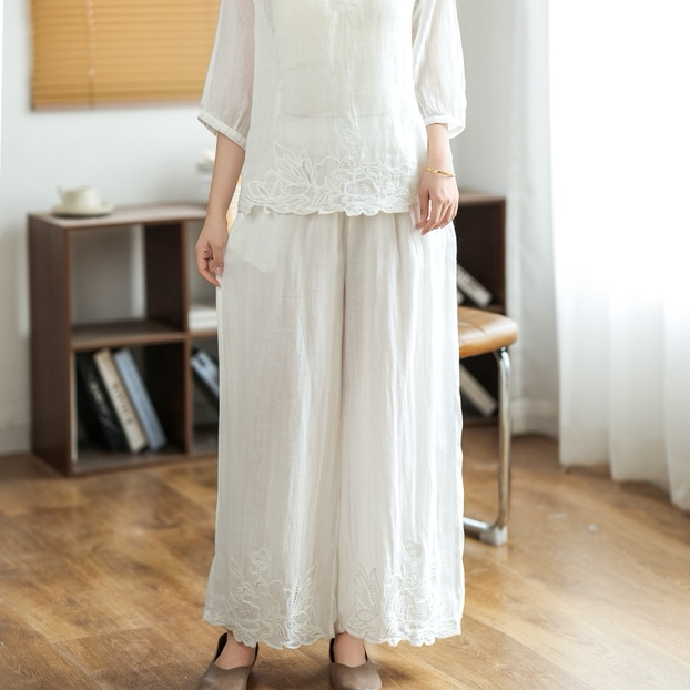 【100%苎麻】811复古镂空刺绣直筒阔腿裤25夏季宽松文艺高腰中式