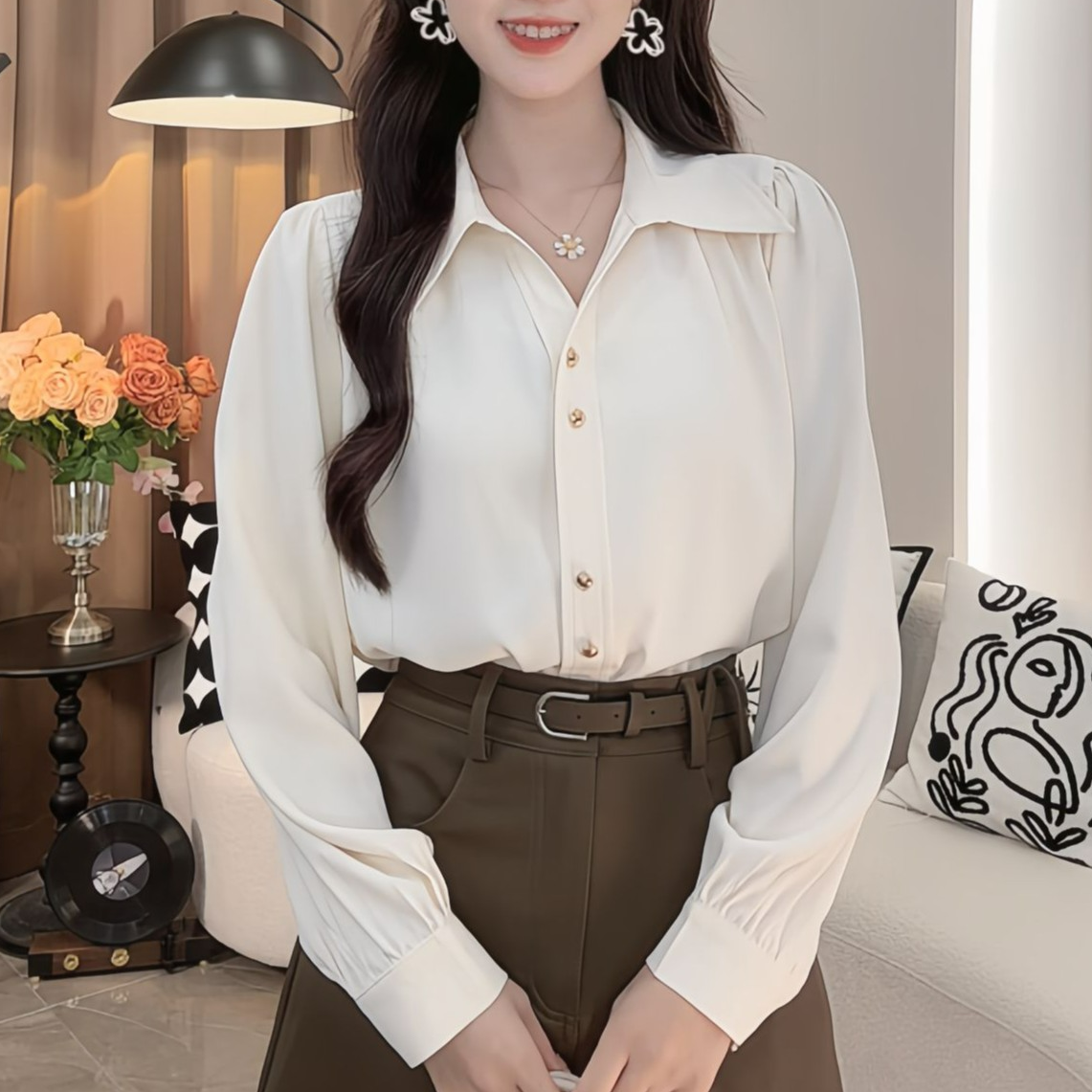 法式小香风翻领泡泡袖衬衫女2024秋季新款设计感时尚百搭上衣