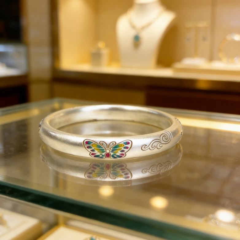 足银手镯 足银999.9 03 彩蝴蝶祥云手镯时尚宫廷个性