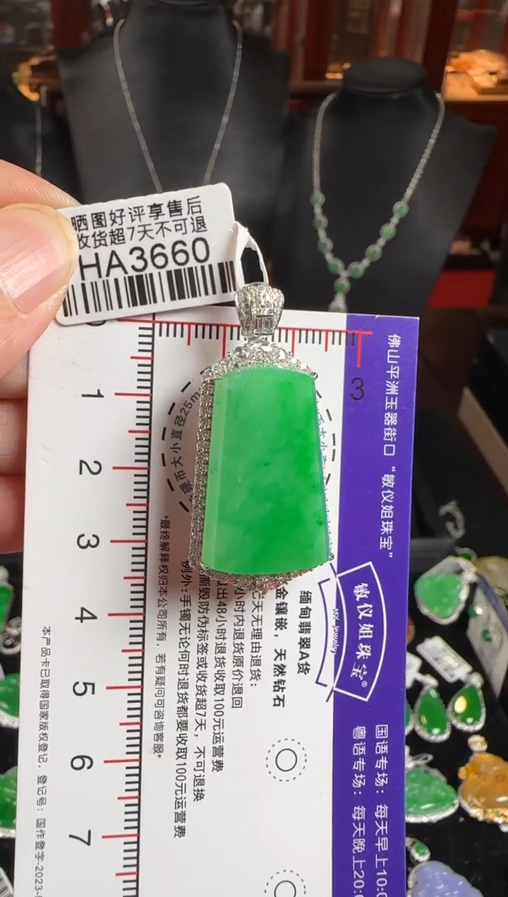 颈饰18K金镶嵌翡翠HA3660冰绿无事牌