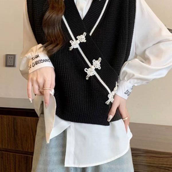 2-大码洋气重工毛衣背心上衣韩版温柔风针织马甲女拼色潮大码女装