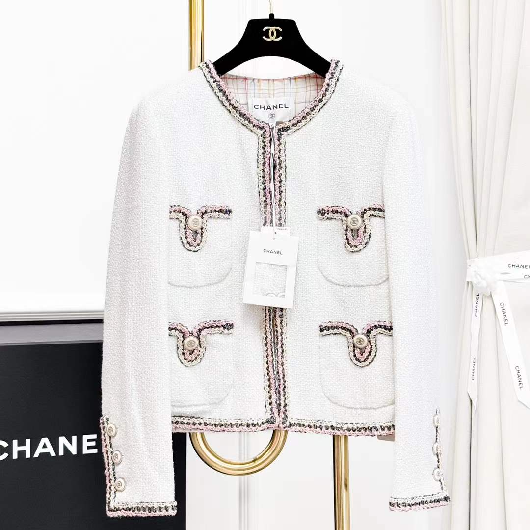 99新 Chanel/香奈儿  40码20C白色亮片编织彩色滚边四口袋外套