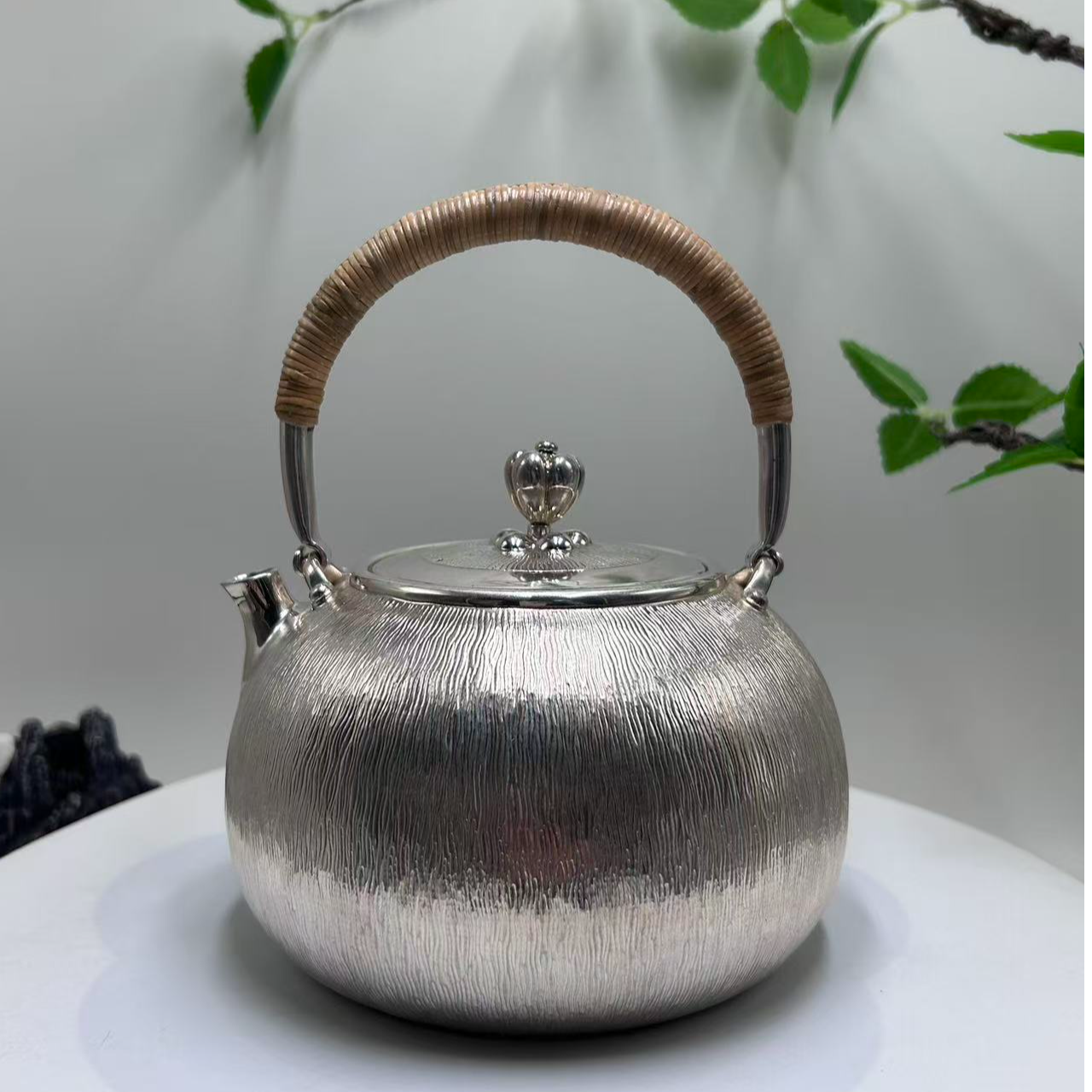 不二银工 竖纹烧水壶煮水壶手工锻打足银999银壶
