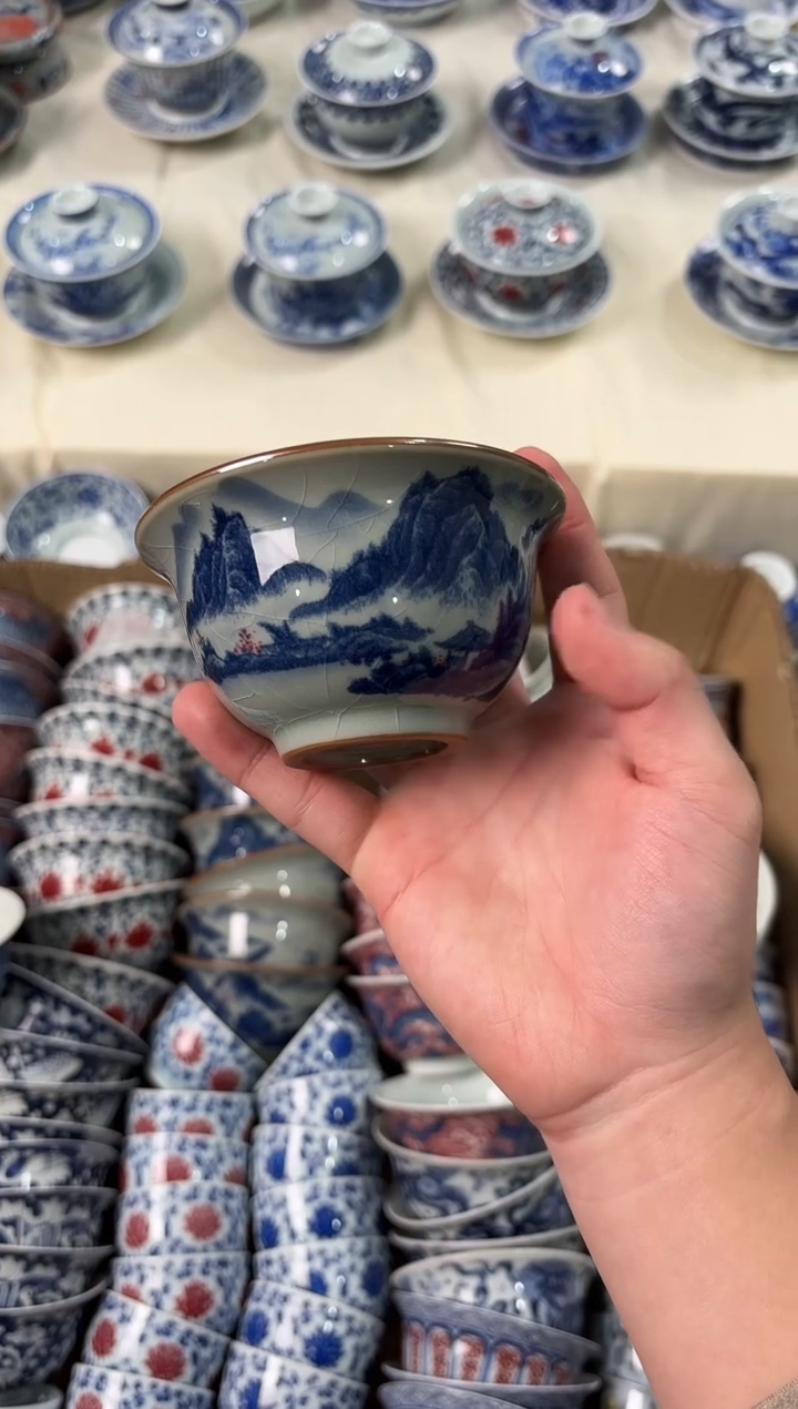 杯子瓷景德镇陶瓷茶具老陶泥红山水压手杯