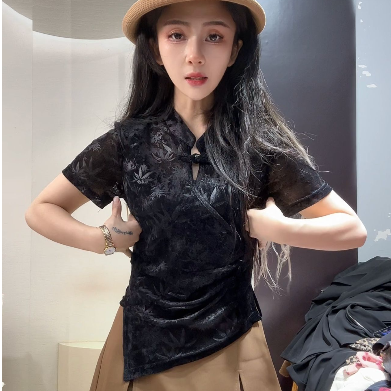 小个子定制2025夏季新款盘扣复古不规则印花上衣
