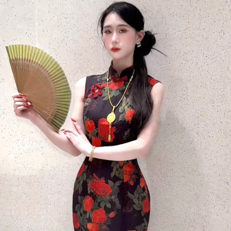 LHMknk1画报夫人原创自制江南风改良旗袍裙 烟墨花影不退不换