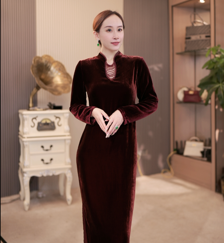 【霓裳羽衣】原创[夜未央]重工真丝丝绒旗袍连衣裙