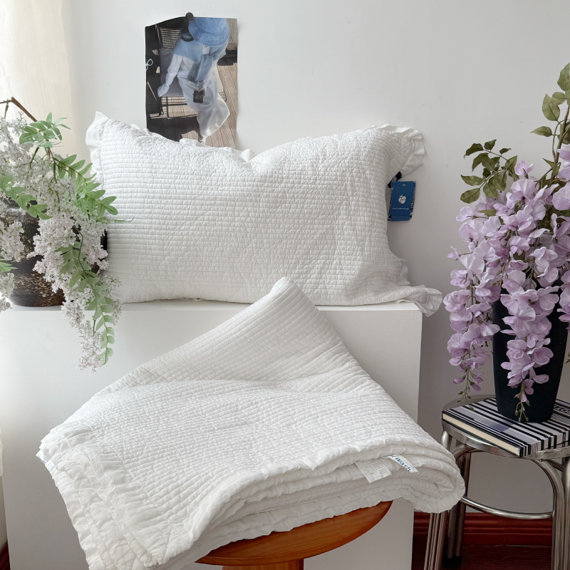 【韩静静】韩式双面纯棉直条绗缝砂洗工艺床盖全棉夹棉枕套纯色韩系