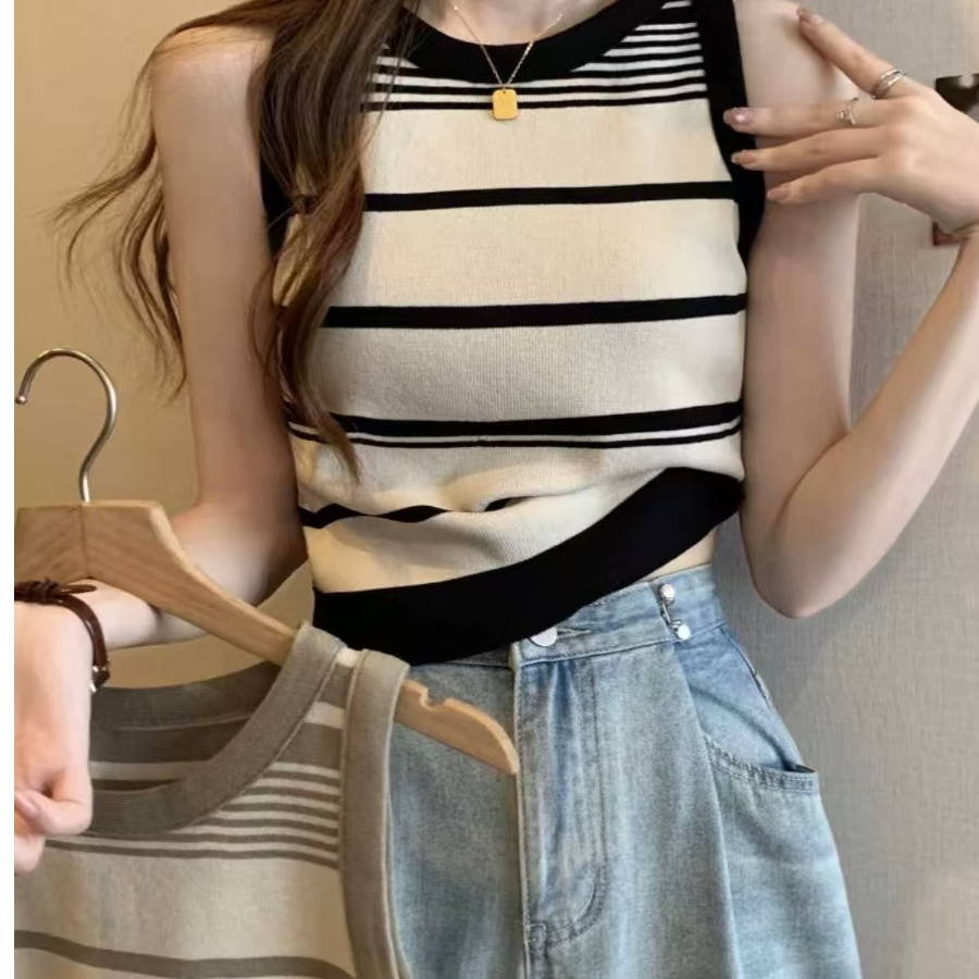 【直播链接请勿直接下单】针织休闲风纯欲条纹静奢风短袖背心
