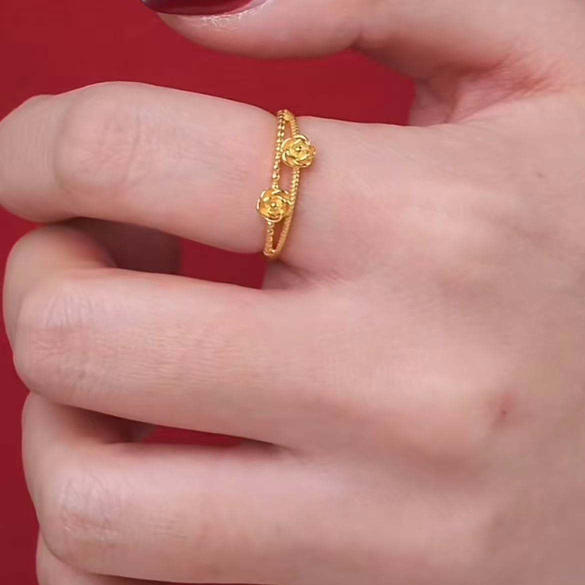 俏兮金 黄金素金两朵小花足金戒指