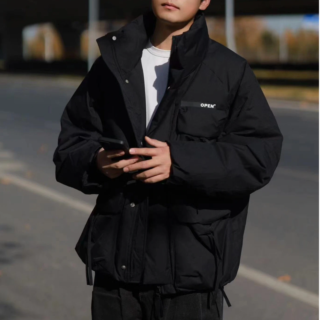 立领工装大口袋加厚白鸭绒短款外套潮牌复古男士羽绒服17011