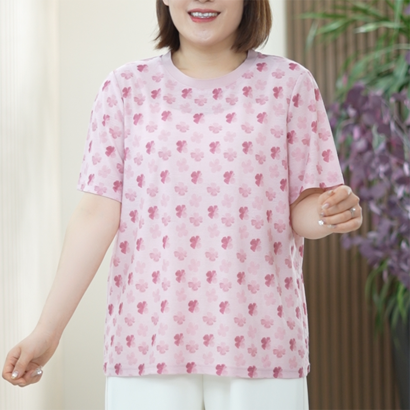 天！丝！柔软四叶草晕染T恤女大码弹力夏季显瘦舒适印花轻薄上衣