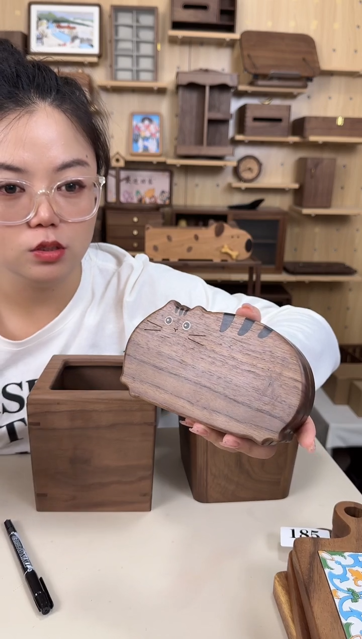 木北美黑胡桃单层小猫首饰盒