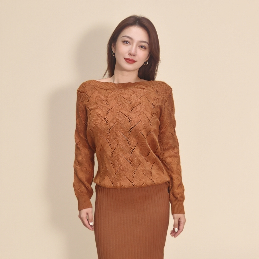 一字领纯色毛针织