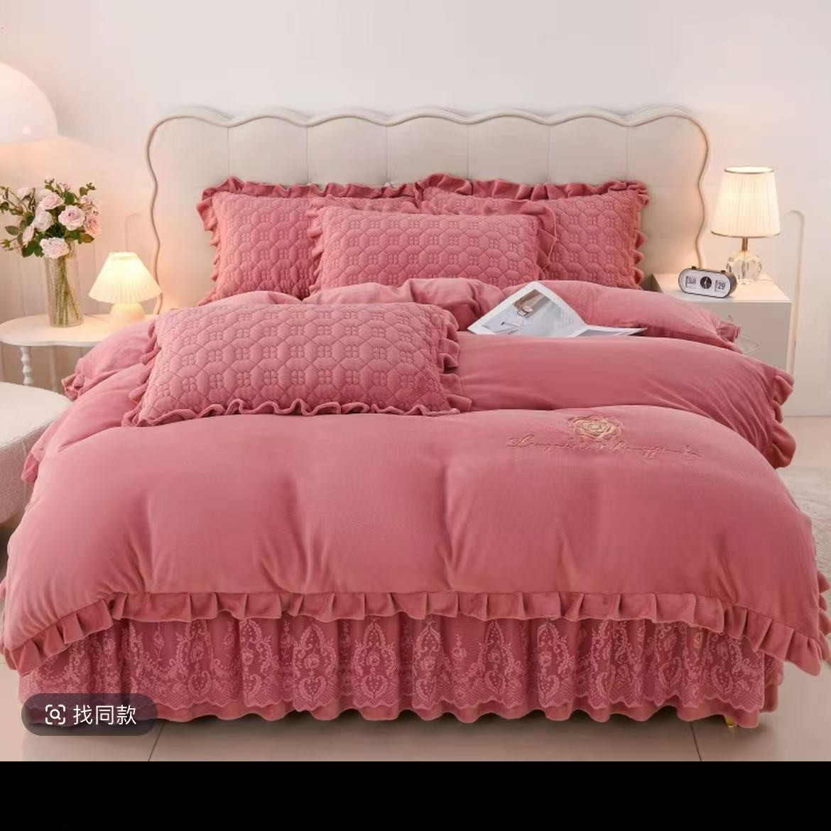 新款  【 山茶花】铂金绒 特厚~床盖款 四件套