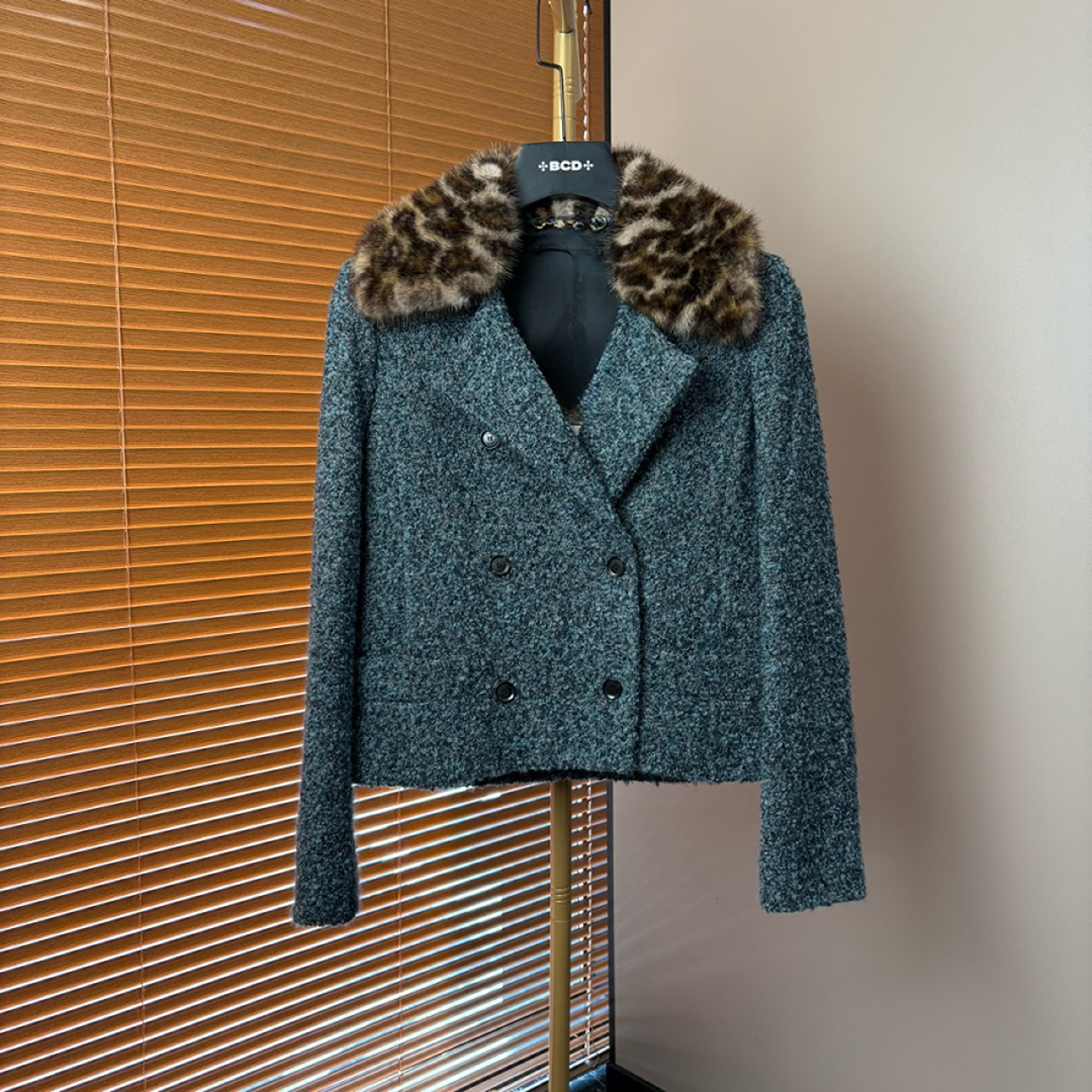 未使用 GUCCI/古驰 豹纹毛领外套 蓝色/38