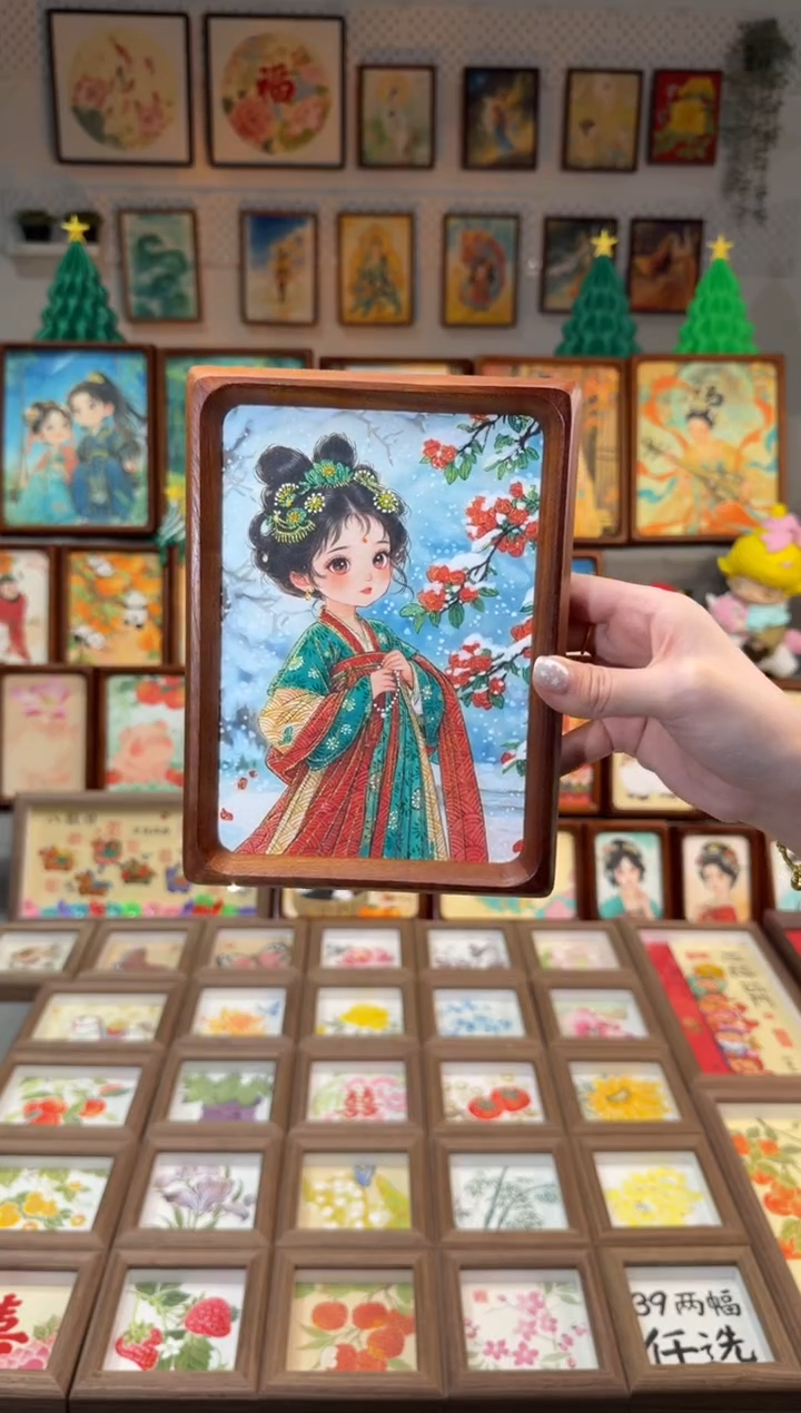 国画雪景山茶女孩 手绘国画7