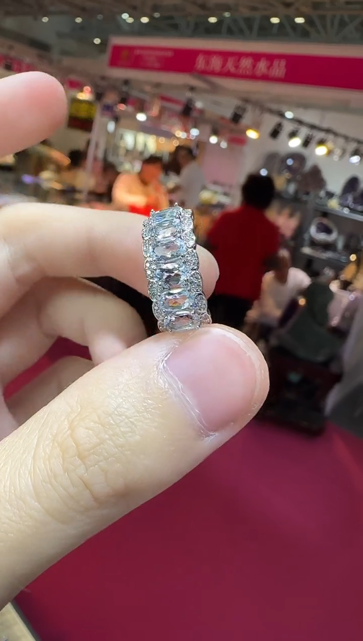 银S925镶嵌戒圈海蓝宝石8mm排戒