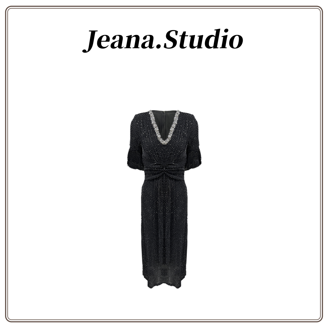 【Jeana.Studio】原创设计V领满钻镶嵌钻短袖连衣裙