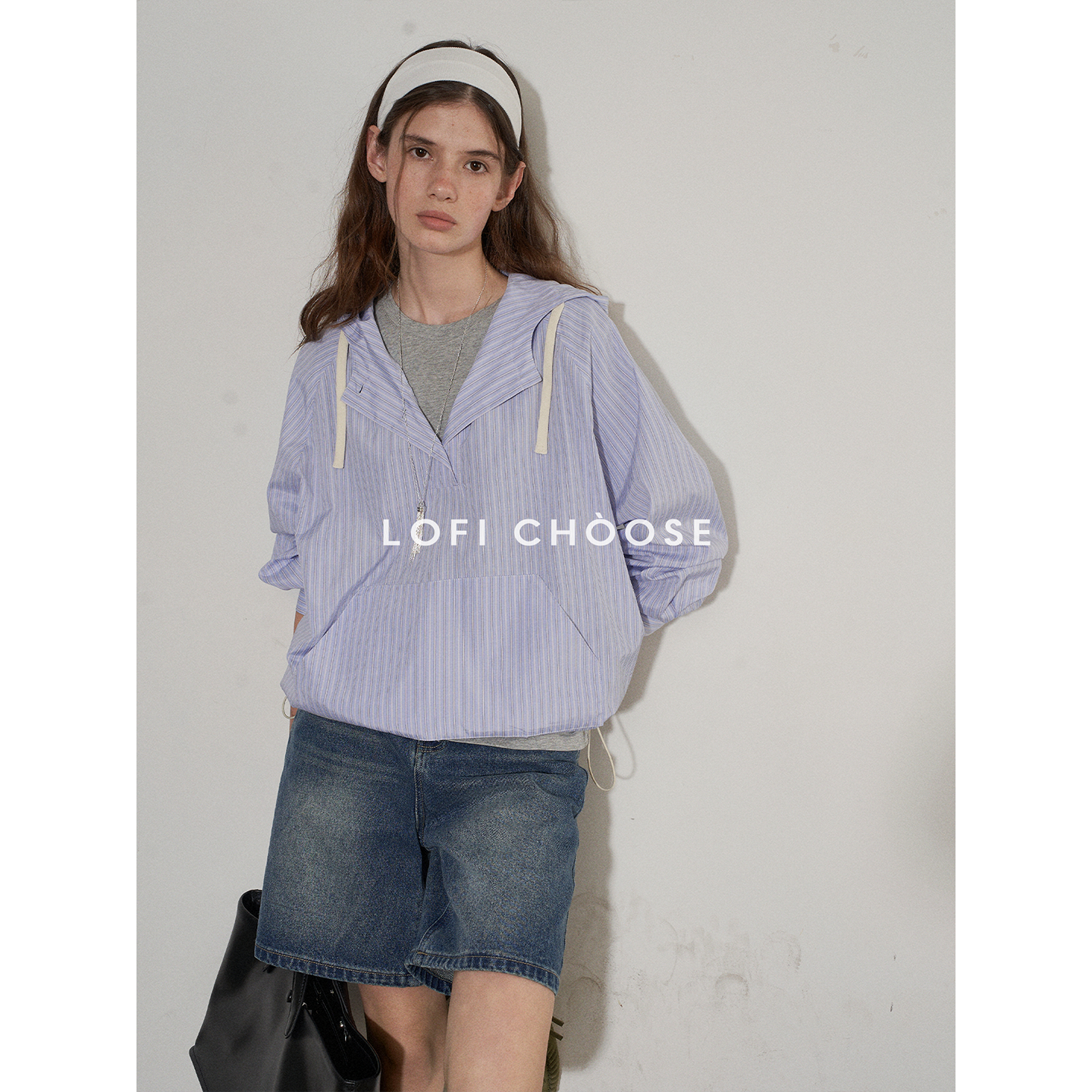 Lofi choose 条纹连帽抽绳长袖套头衬衫女秋季设计感宽松休闲上衣