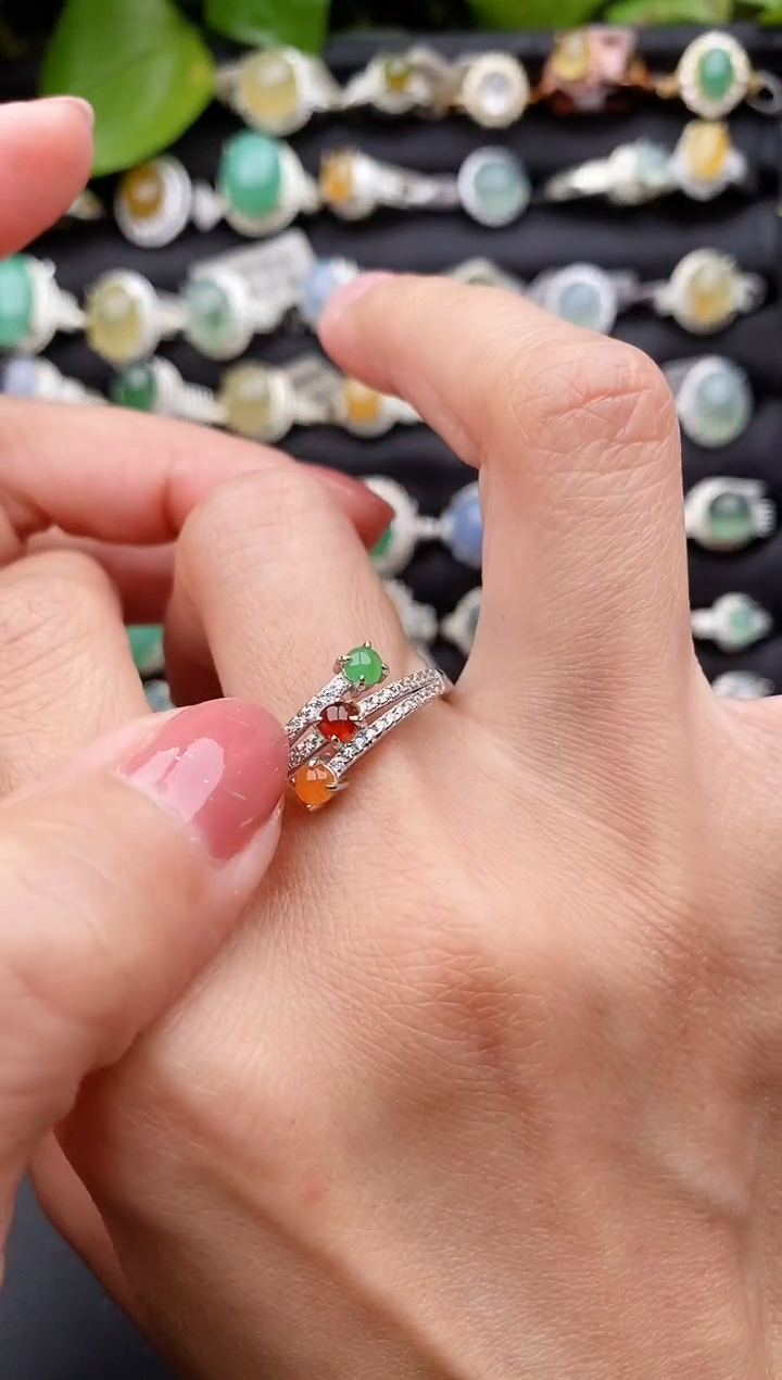 【闪购商品】翡翠戒指银S925镶嵌缅甸天然A货翡翠66  8-