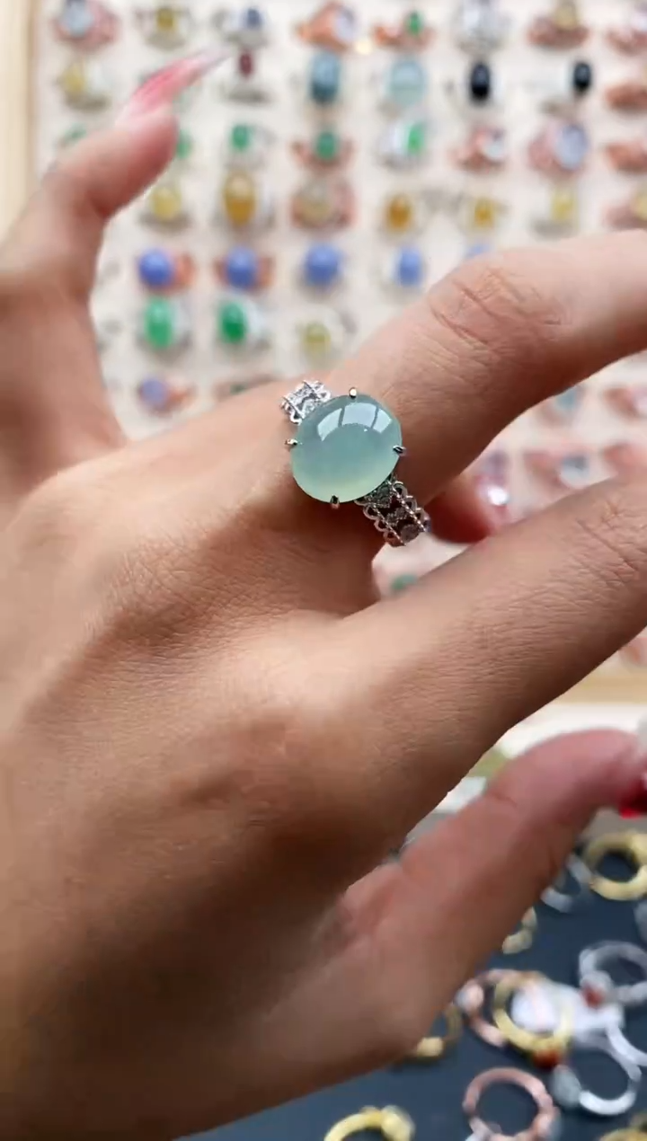 【闪购商品】翡翠戒指银S925镶嵌缅甸天然A货翡翠444  7+4