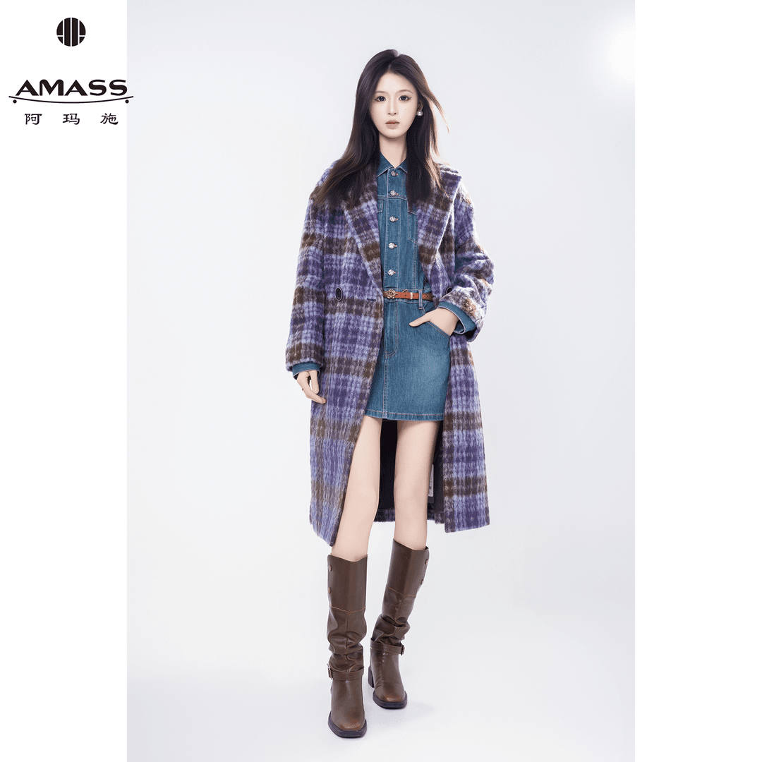 AMASS/阿玛施秋冬新款时尚气质经典格纹紫色毛呢大衣外套5400361 