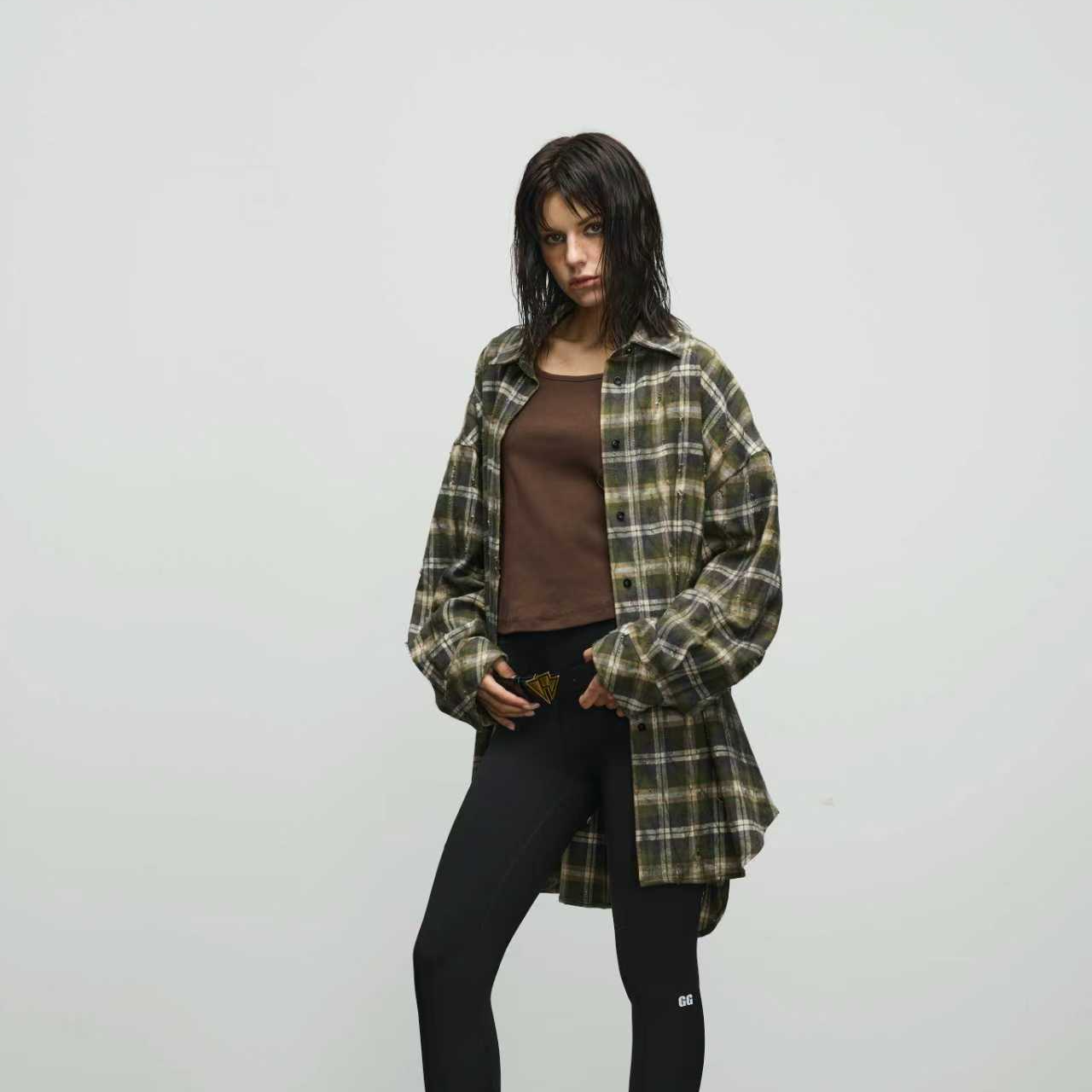 GGAHOLIDAY时尚休闲复古秋冬宽松潮流长袖格子衬衫外套-154138
