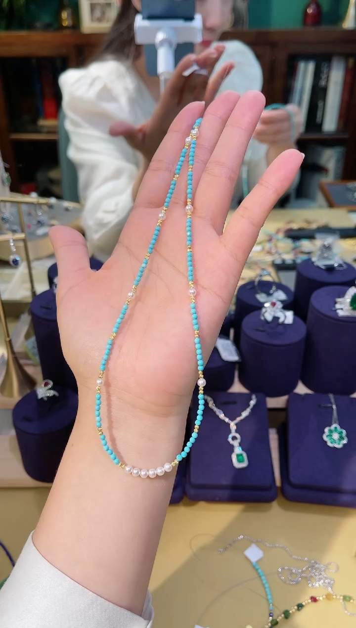 【闪购商品】淡水珍珠颈饰18K金镶嵌绿松石珍珠项链